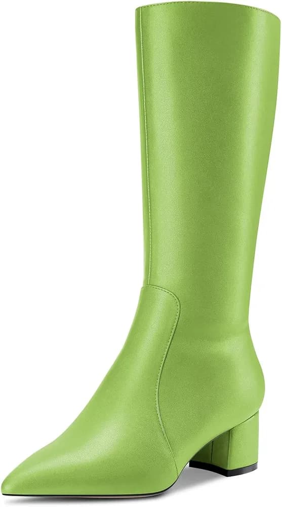Women Chunky Block Mid Heel Pointed Toe Mid Calf Zipper Boots Wedding Cute 2.0 Inches Heels