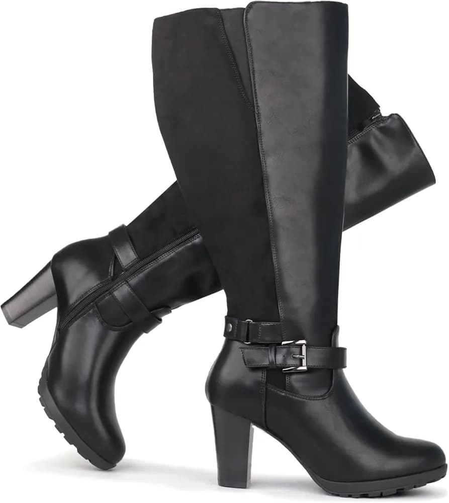 Women's Plus Size Wide Calf High Heel Dress Boots with Ankle Buckle