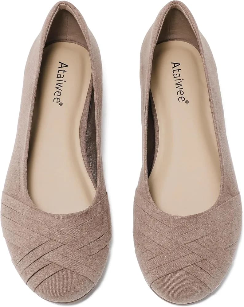 Women's Wide Width Flats Shoes-Casual Cmofortable Slip-on Suede Ballet Flats, Classic Round Toe Office Dressy Shoes for Work