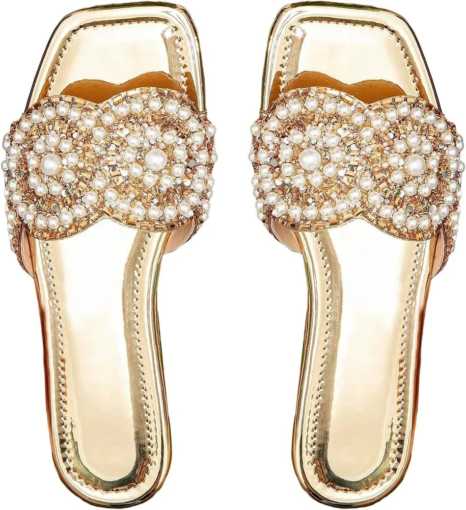 Women's Rhinestone Flat Sandals Dressy Comfortable Metallic Sparkly Sandals