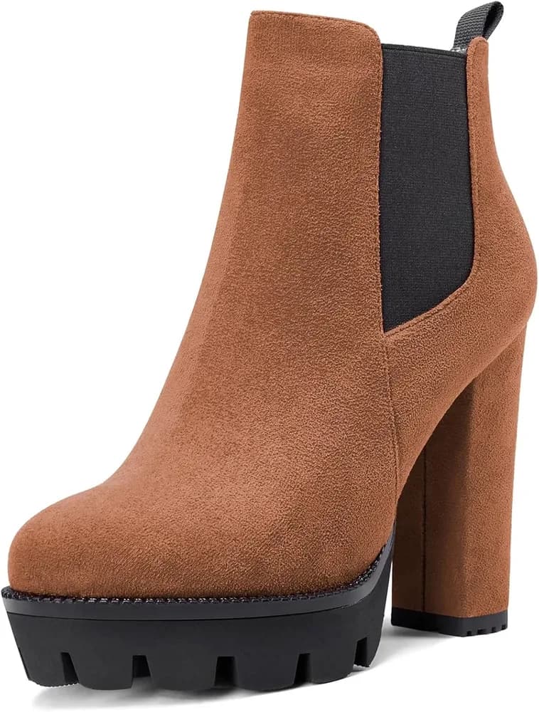 Women High Heel Chunky Block Platform Round Toe Ankle Boots Short Bootie Slip-on Classic Boots