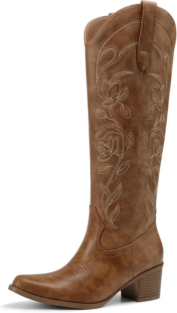 Womens Cowboy Boots Western Comfortable Chunky Heel Square Toe Embroidered Cowgirl Knee High Boots