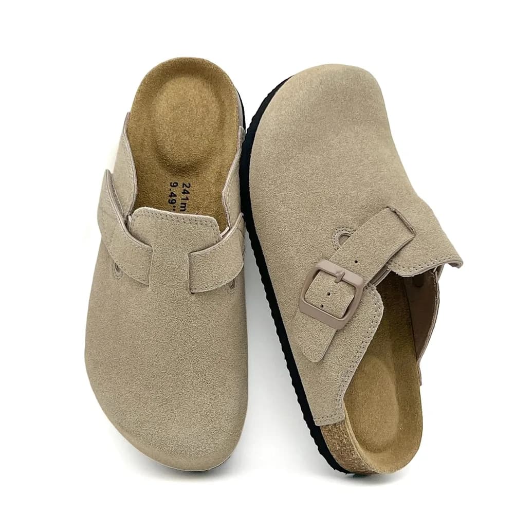 Women's Genuine Suede Clogs-Cork Footbed Mules Memory Foam Arch Support Potato Shoes Slip On Comfort Closed Toe Sandals with Adjustable Buckle