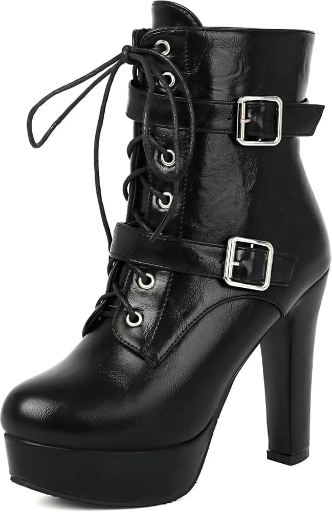 Goth Boots Chunky Heel Boot For Women Ankle Combat Booties Black Platform Bootie Buckle Rivets Punk Goth Shoes With Zipper