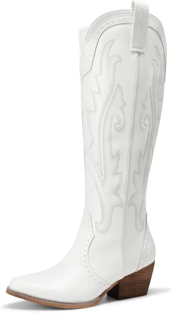 Womens Cowboy Cowgirl Knee High Boots Comfortable Pull-On Chunky Heel Embroidered Western Retro Tall Boots with Side Zipper