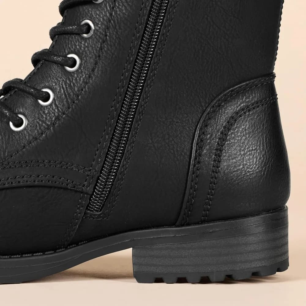 Women's Lace-Up Combat Boots with Lug Sole and Side Zipper
