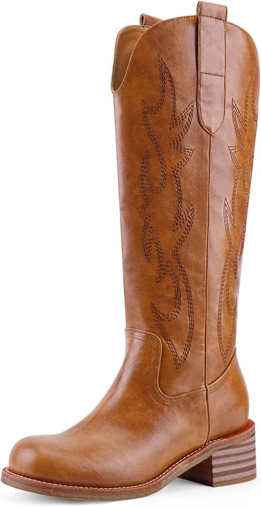 Cowboy Boots Knee High Women Western Embroidered Square Toe Wide Calf Chunky Heel Chunky Heel Retro Classic Tall Boot Pull on for Ladies Fall Winter