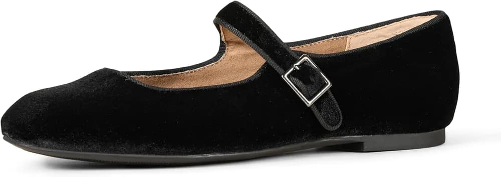Women's Velvet Mary Jane Ballet Flat with Buckle Strap