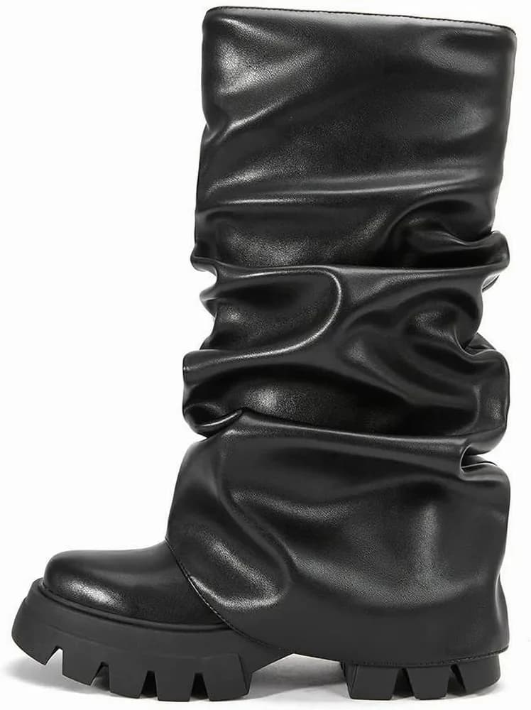 Women's Platform Heel Metallic Fold Over Pull on Shark Ruched Boots