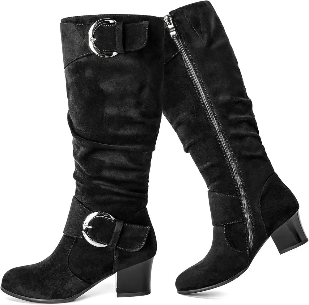 Riding Boots Women Knee High Slouch Round Toe Buckle Victorian Tall Boots Block Mid Heel Knee-High Boots