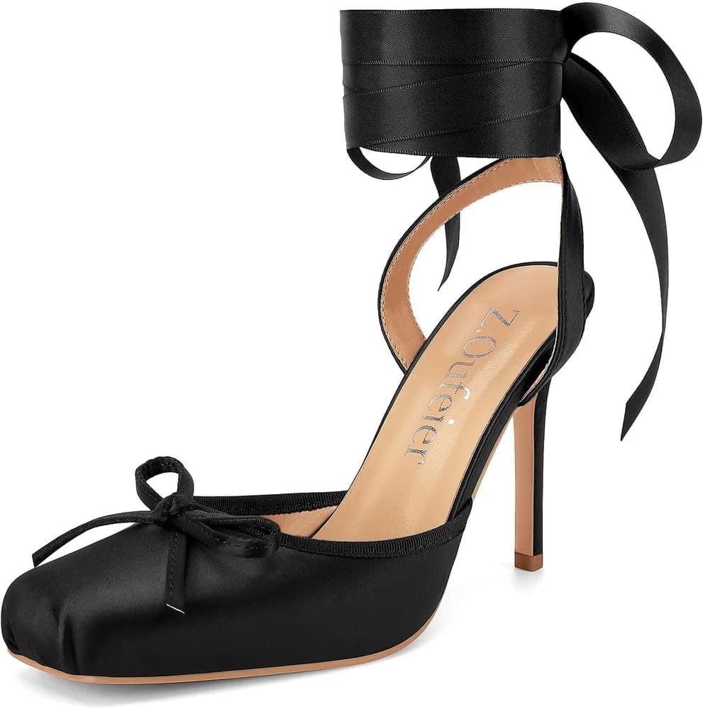 Women's Satin Ballet Heels Ballerina Bow Closed Square Toe Strappy Stiletto High Slingback Lace Up Ankle Strap Wrap Around Spiral Mary Janes Pumps Dress Shoes