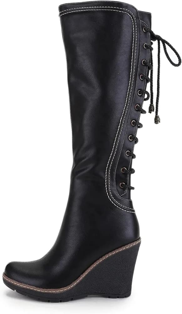 'Camuy' Stitching Back Lace Knee-High Wedge Boots for Women