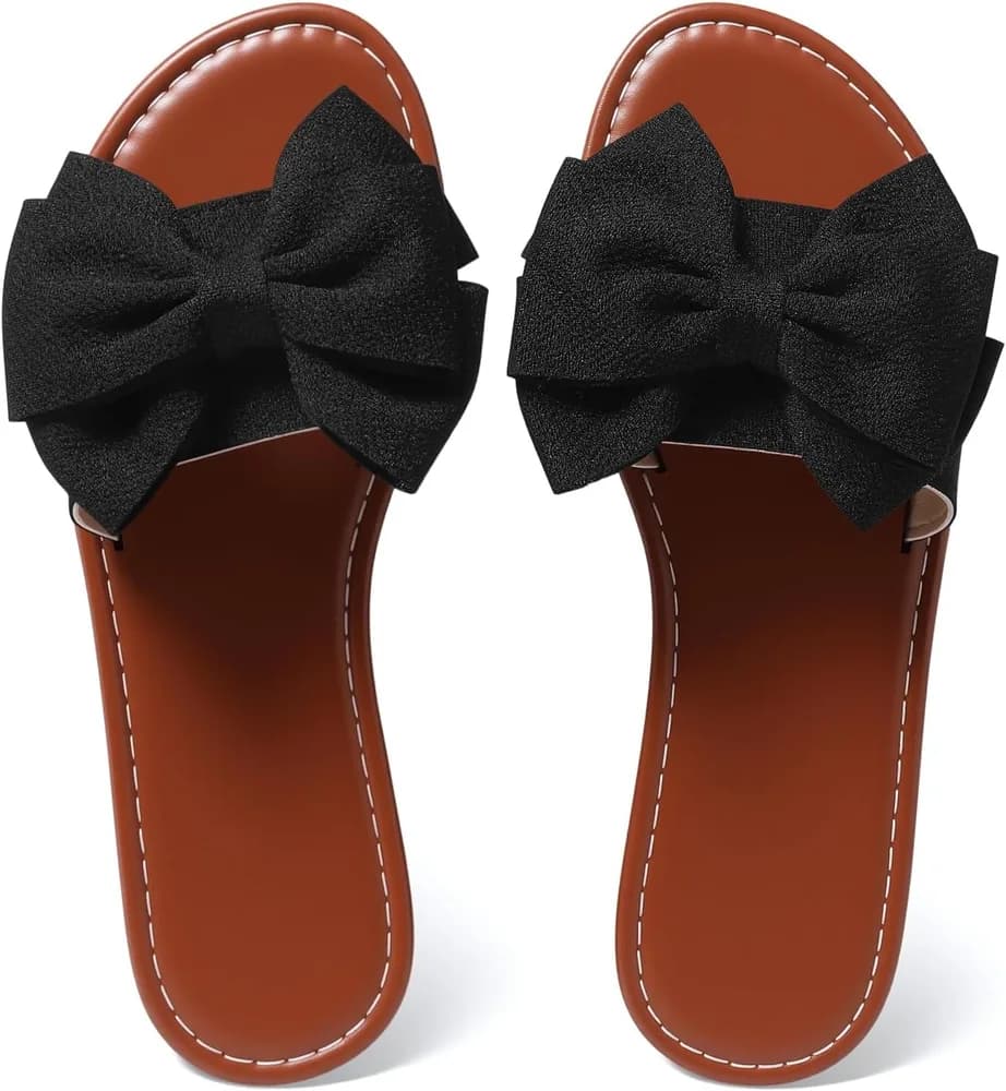 Women's Round Toe Bow Flat Sandals, Soft Slides Open-Toe Summer Slippers