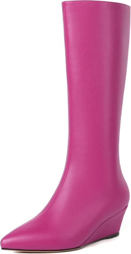 Womens Pointed Toe Office Casual Zip Matte Solid Wedge Low Heel Mid Calf Boots 2 Inch