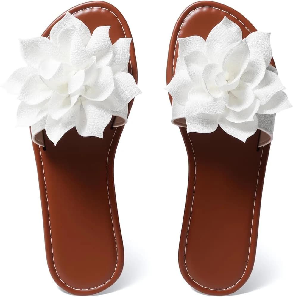 Women's Round Toe Flower Flat Sandals, Soft Slides Open-Toe Summer Slippers