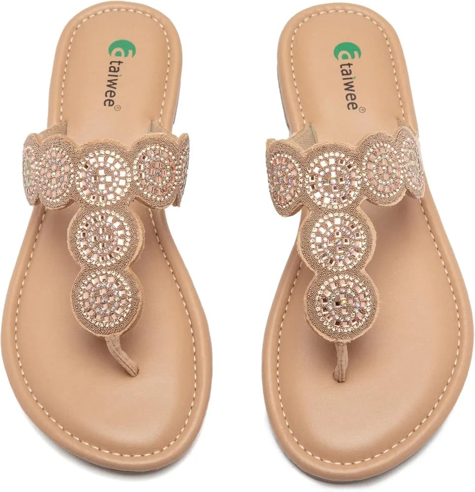 Women's Bohemian Bling Flat Slide Sandals - Casual Summer Thong Sandals with Rhinestone Decor, Rubber Sole, Lightweight & Comfortable for Casual Attire Strappy Sandals.