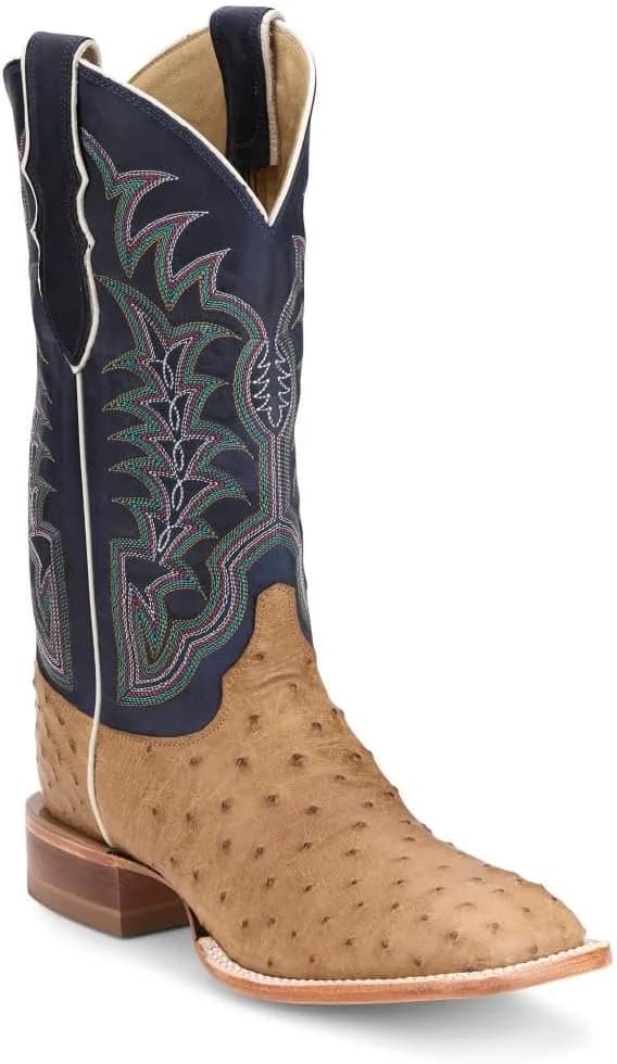 Boot Company Men`s Chisolm Tan Full Quill Ostrich 13in Navy Blue Cowhide Top