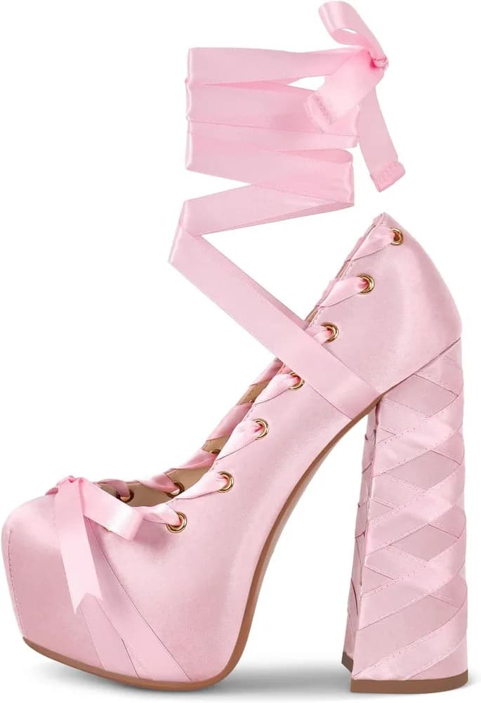 Platform Heels Chunky Bow Ribbon Pumps