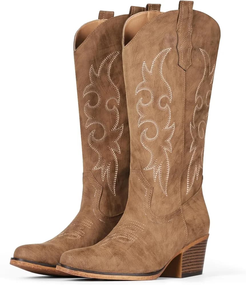 Cowboy Boots For Women Western Cowgirl Boots Mid Calf Snip Toe Boot With Chunky Heel