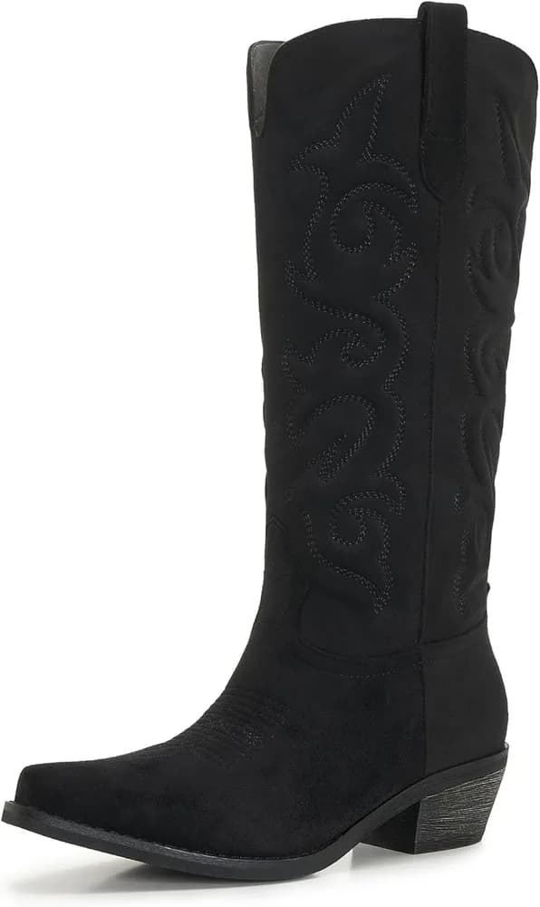 Suede Cowboy Boots for Women Knee High Cowgirl Boots, Western Boots with Classic Embroidered Pointed Toe Chunky Heel Pull On Retro Vintage Classic Tall Boots for Ladies