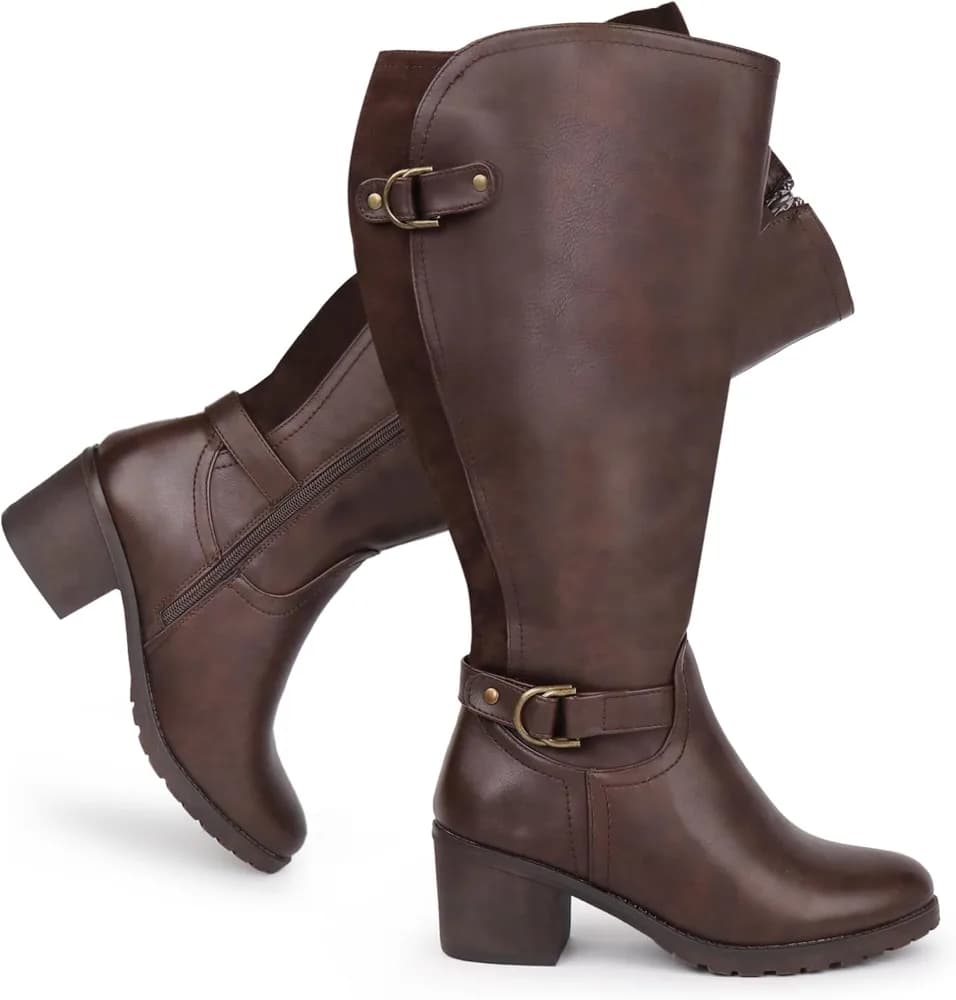 Women's Extra Wide Calf Knee High Riding Boots with Block Heel and Decorated Double Buckle