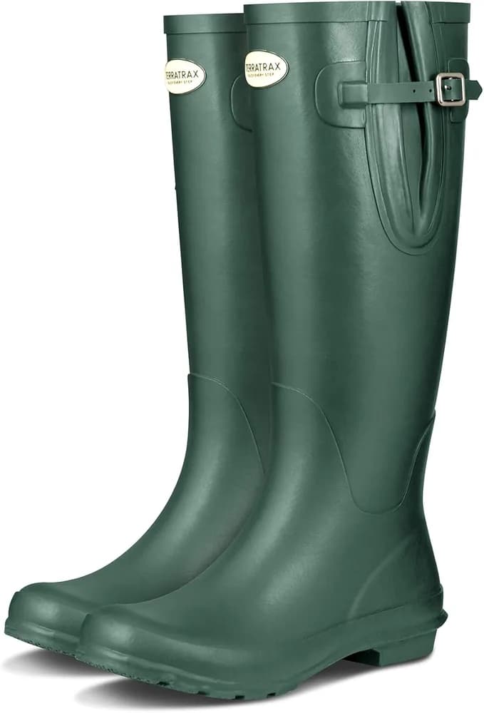 Women's Tall Knee High Rain Boots - Waterproof Natural Rubber Wellies, Adjustable 17" Wide Calf, Anti-Slip Sole & Arch Support for Rain, Mud & Garden