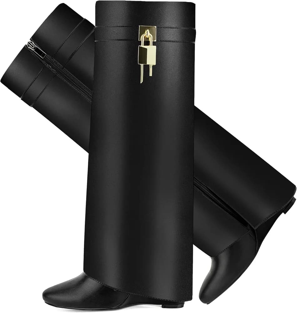 Fold Over Boots for Women Pointy Pull-on Wedge Heel Knee Shark Boot With Side Zipper Padlock Design