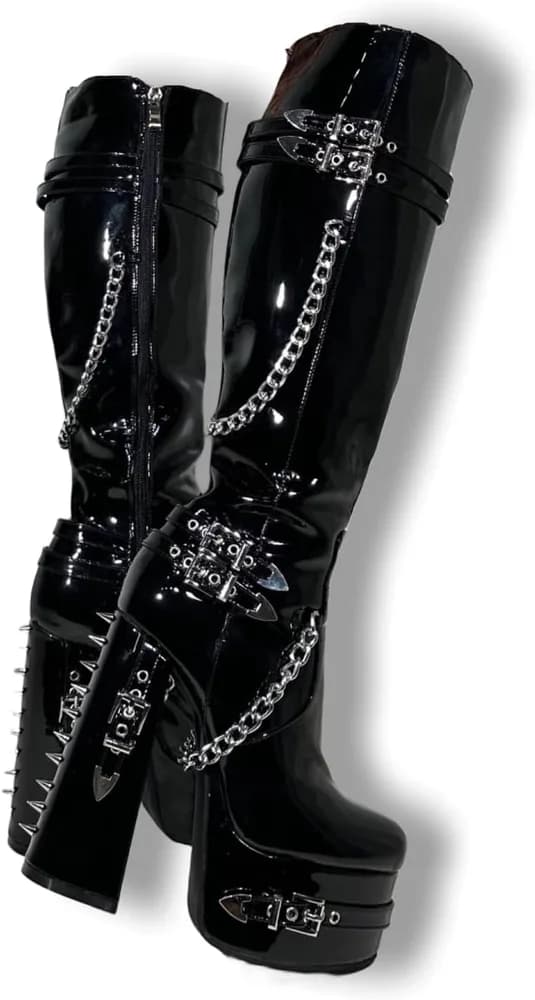 Goth Sexy Chunky Platform Knee High Heeled Boots, Black Patent Silver Chain Rivets Gothic, Punk Y2K Hot Girl Big Large Size Wide Calf Long Shoes For Women