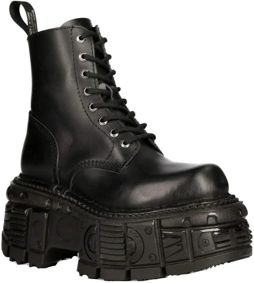 Boots M-MILI084N-S5 Unisex Metallic Black 100% Leather Platform Military Eyelet Fastening