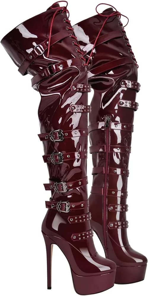 Women's Platform Thigh High Boots with Zippers and Rivets Lace Up Buckle Heels Over Knee High Boots