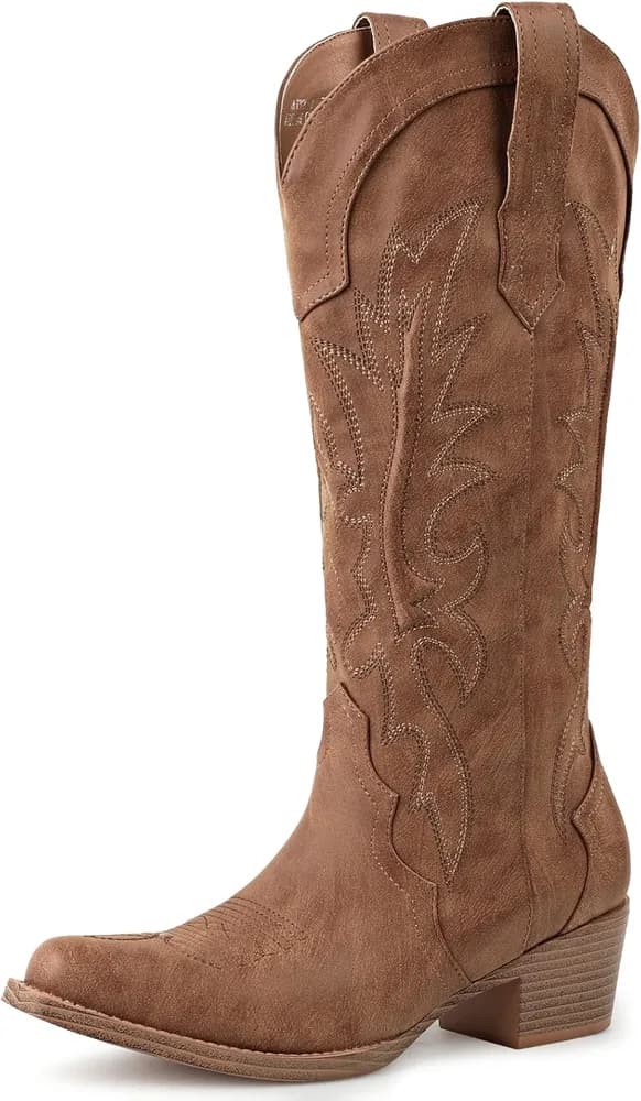 Cowboy Boots for Women Knee High - Snip Toe Embroidered Cowgirl Boots Chunky Heel Fashion Retro Western Boots with Padded Hand-Brushed
