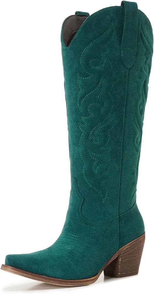 Cowgirl Boots Women Knee High Cowboy Boots Snip Toe Chunky Block Heel Suede Tall Western Boots with Zipper & Embroidery