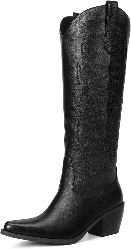 Western Cowboy Boots for Women - Knee High Wide Calf Cowgirl Boots, Slip On Pointed Toe Chunky Heel Fashion Retro Classic Pull On Tall Boot for ladies Party concert
