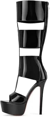 Women's Gladiator Knee-High Platform Heels-Stiletto Peep Toe Boots with Back Zipper for Club,Prom,Dance,Sexy