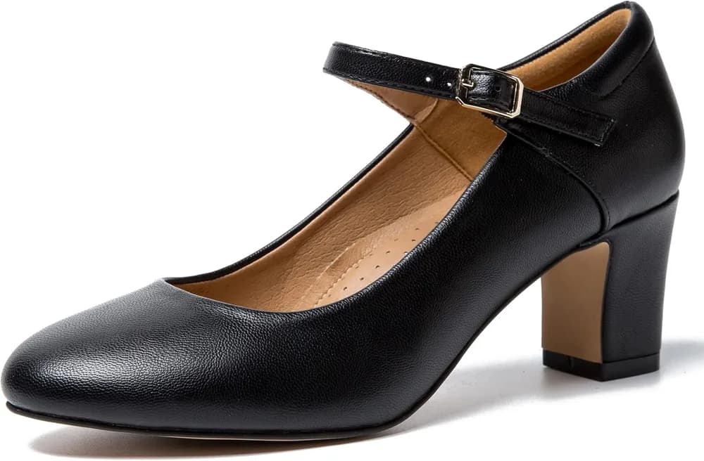 Women's Mary Jane Pumps, 2.36 Inch Block Heel, Ankle Strap with Buckle, Closed Toe
