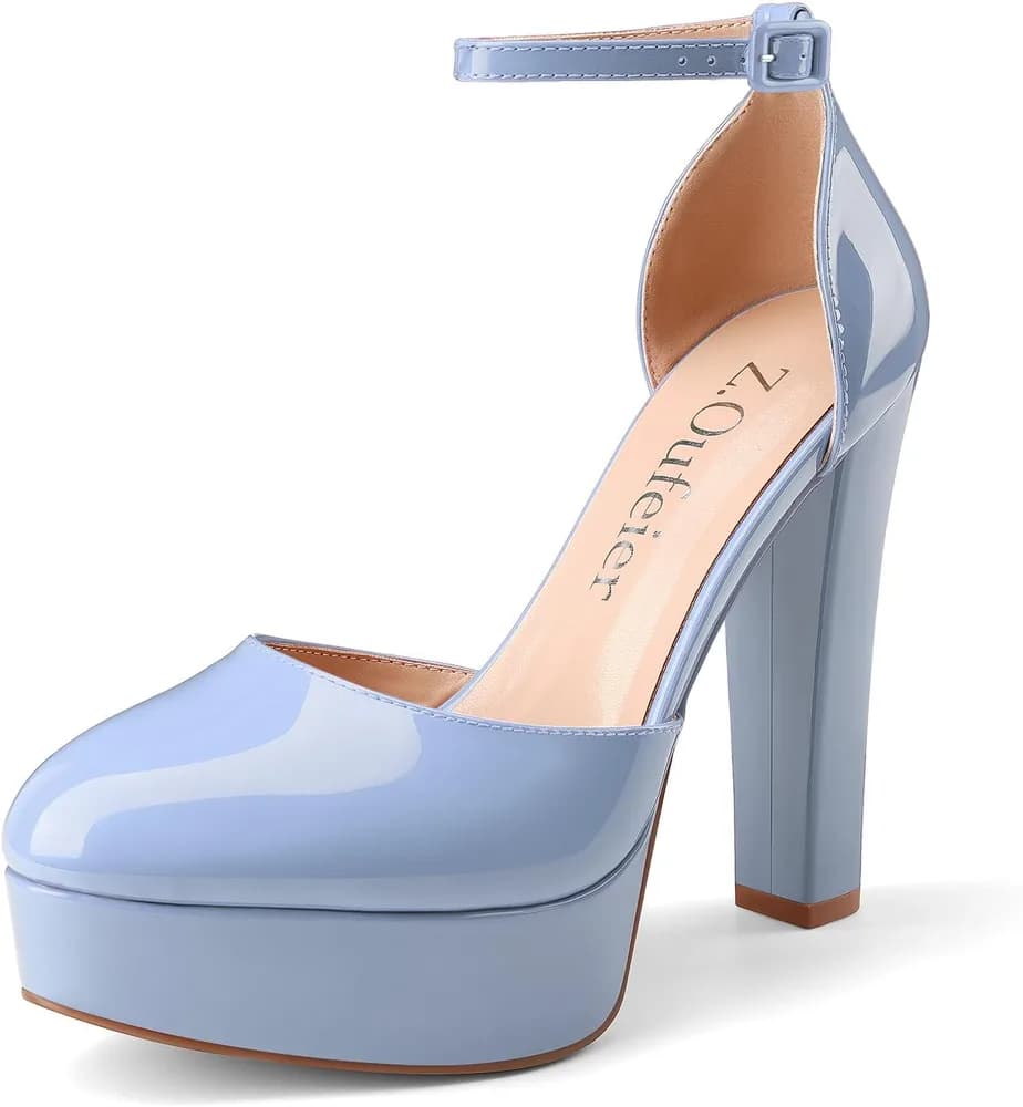 Womens Platform Chunky High Heels Patent Leather Buckle Closed Round Toe Ankle Strap Party Sexy Wedding Block High Heel Pumps Dress Shoes 5 Inch