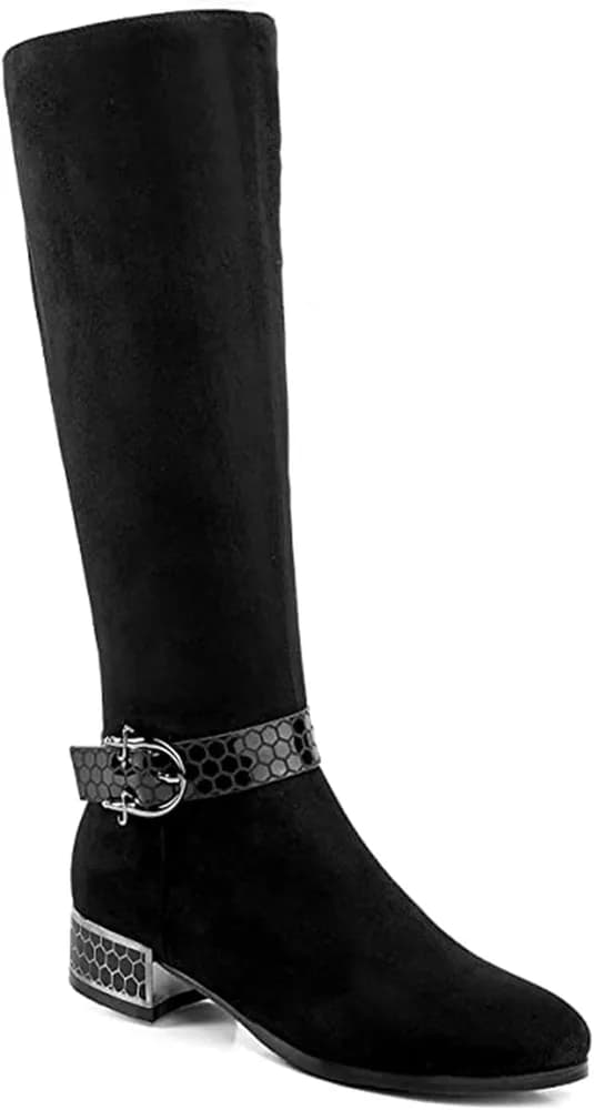 Women's 'Orizea' Low Block Heel Beehive Patterned Straps Faux Suede Boots