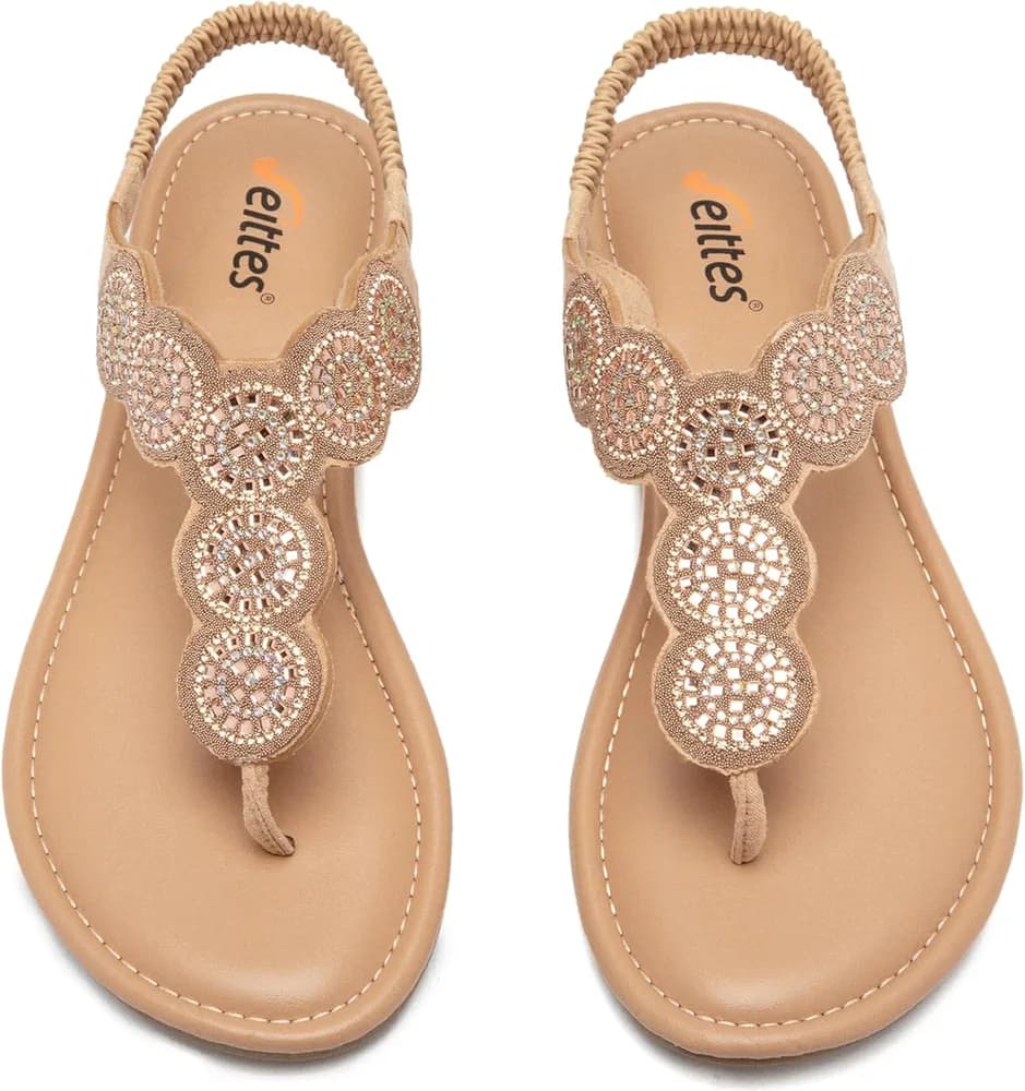 Women's Bohemian Bling Flat Slide Sandals - Casual Summer Thong Sandals with Rhinestone Decor, Rubber Sole, Lightweight & Comfortable Ankle StrapThong Summer Sandals.