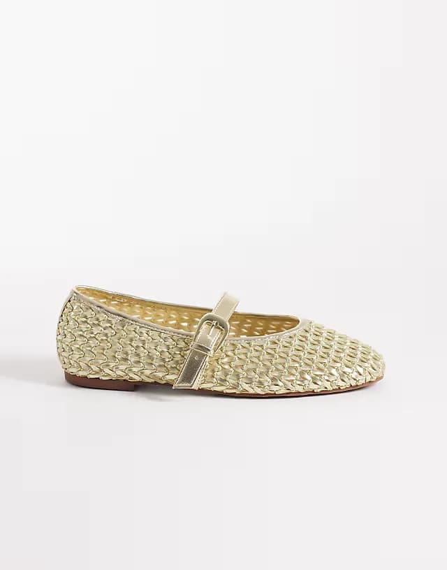 Wide Fit Leah woven Mary Jane ballet flats in gold