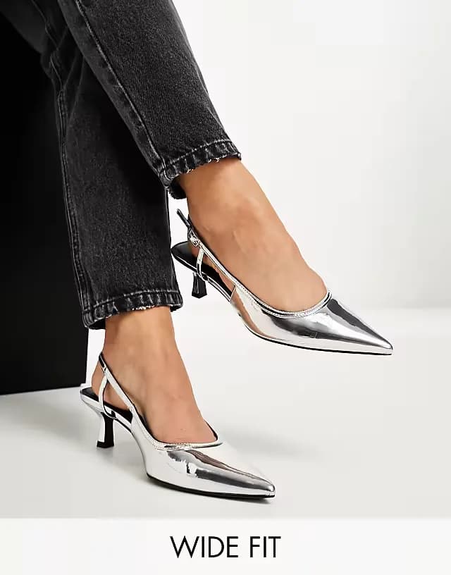 Wide Fit Strut slingback kitten heeled shoes in silver