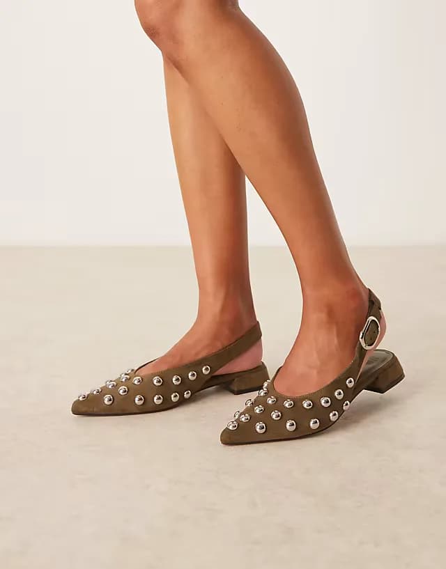 Leonora studded slingback ballet flats in olive suedette