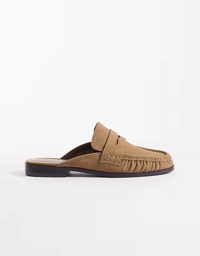 Mouse ruched detail loafer mules in sand suedette
