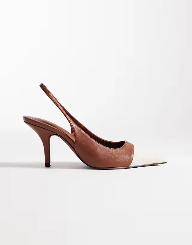 Sylvie two tone slingback mid heel shoes in natural and tan