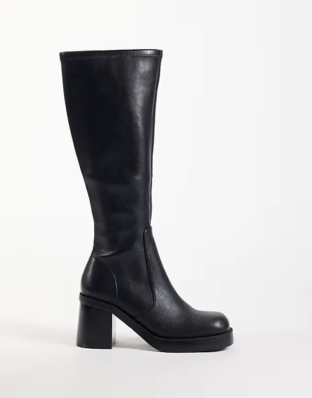 Charlene block heel stretch sock knee boots in black