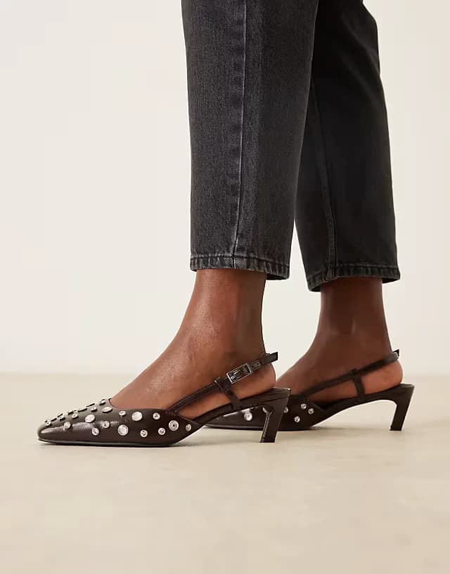 Wide Fit Shadow embellished chisel toe slingback mid heel shoes in chocolate