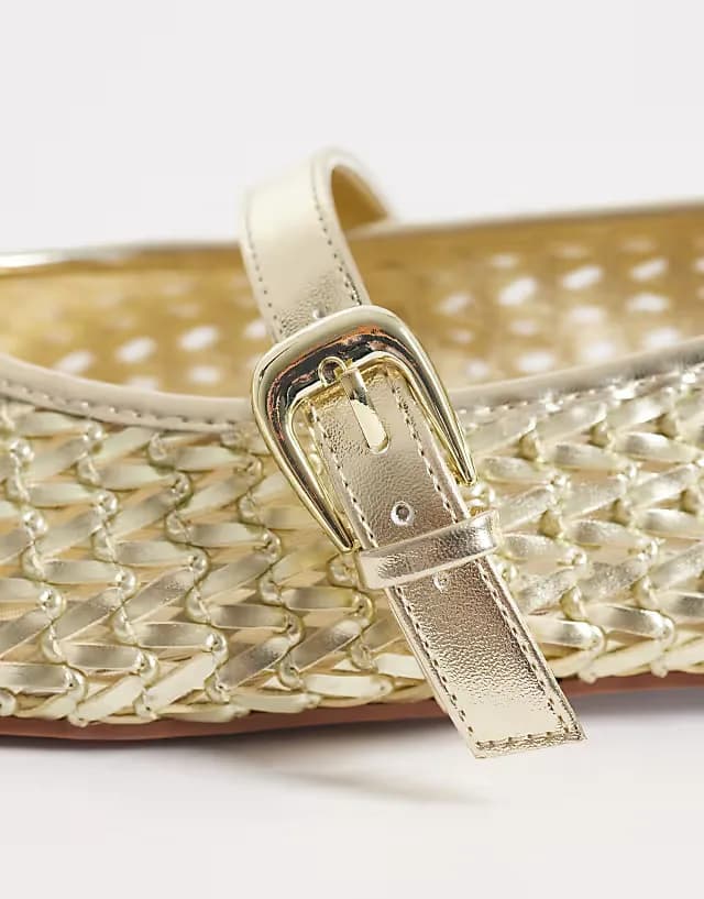 Wide Fit Leah woven Mary Jane ballet flats in gold