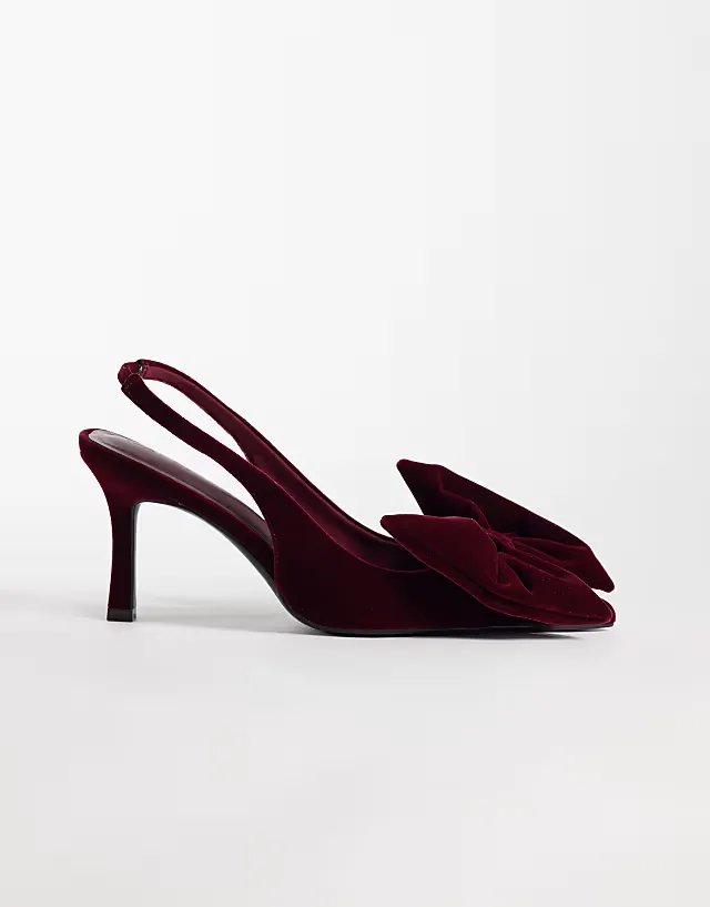 Shine slingback bow detail mid heel shoes in berry velvet