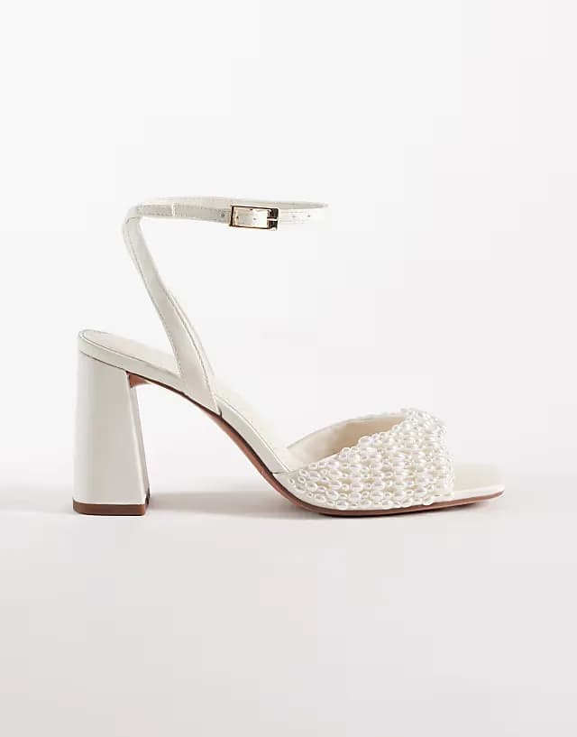 Honor pearl embellished barely there block mid heel sandals in ivory