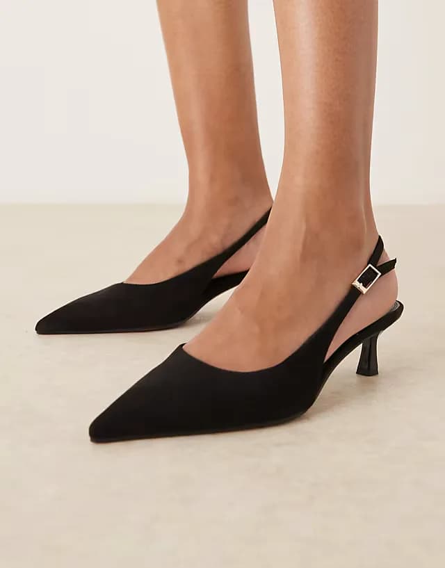 Wide Fit Skip slingback kitten heel shoes in black suedette