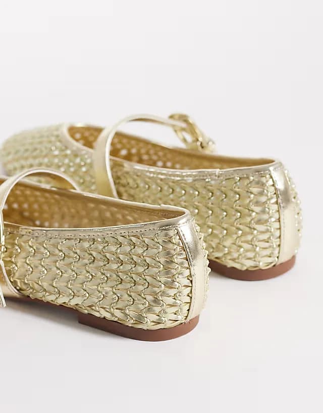 Wide Fit Leah woven Mary Jane ballet flats in gold
